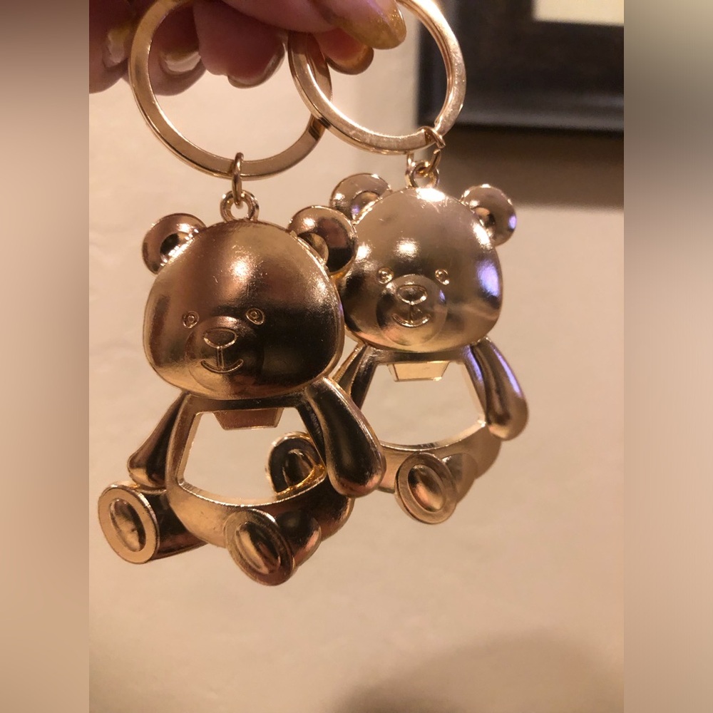 Gold teddy bear bottle opener keychain set with 2 keychains